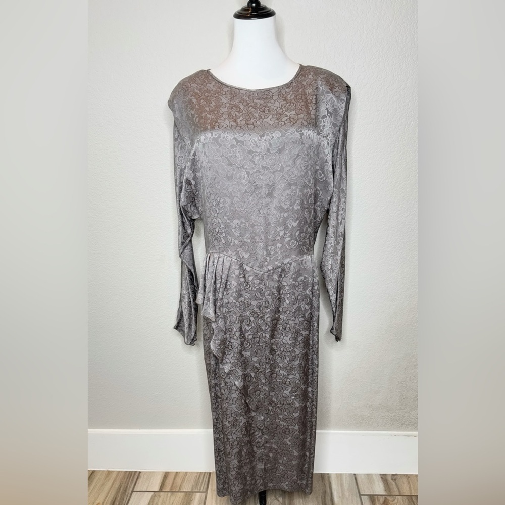 Vintage Neiman Marcus 100% Silk Gray Floralโ Ruffle Midi Dress Size 10 Victorian